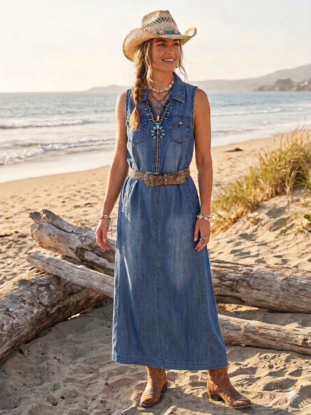 INC International Concepts denim costal cowgirl high-low boho dress 10